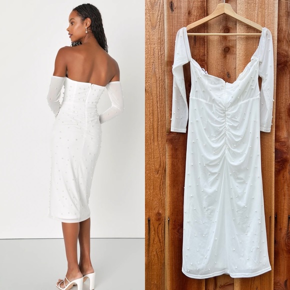 White Mesh Pearl Off-The-Shoulder Bodycon Midi Dress🌿 - Picture 4 of 9